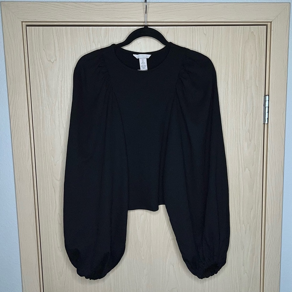 H&M Balloon Sleeve Jersey Top Black Puff Long Sleeve Classic Size Small NWT